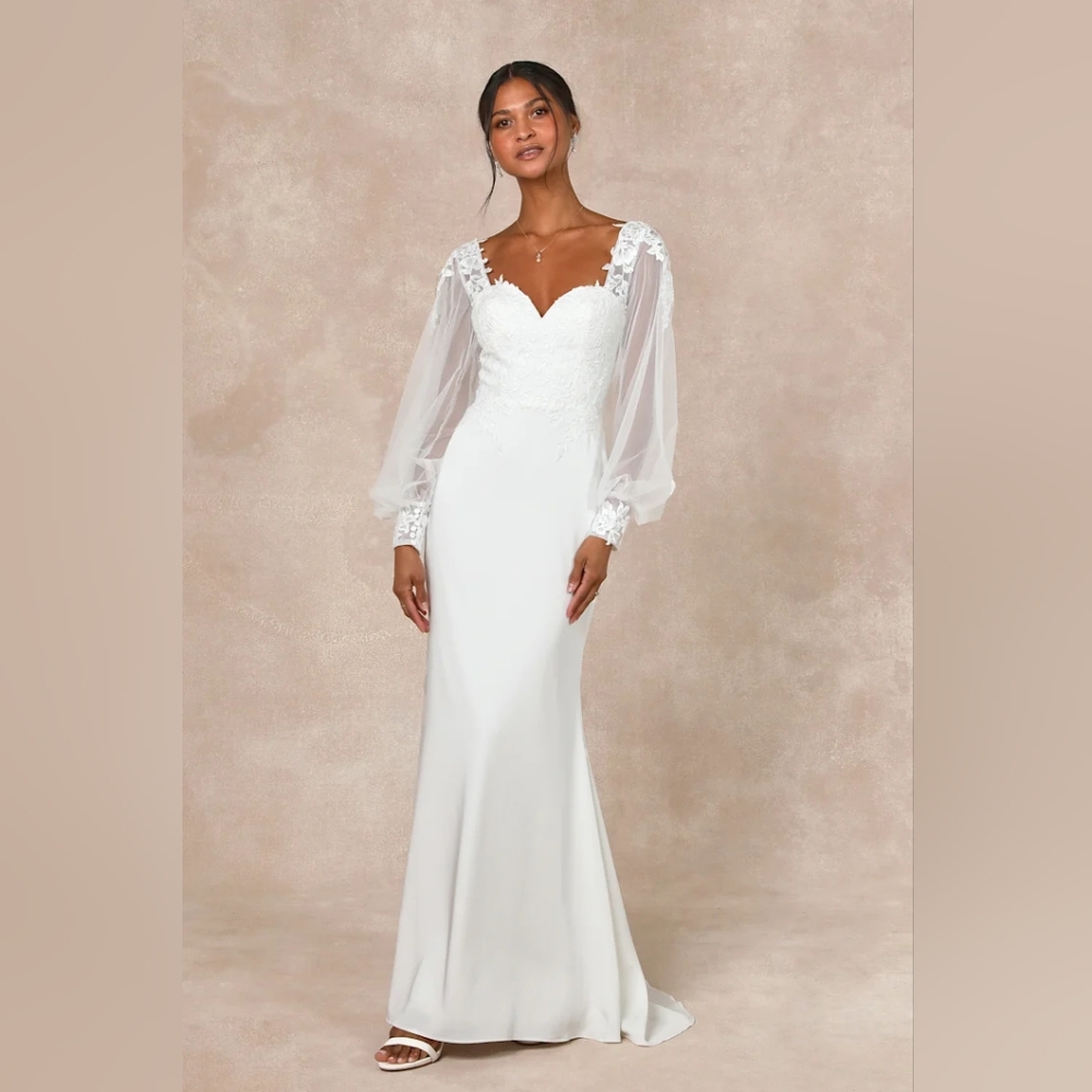 Lulus Wedding Gown - Timeless Adoration White Embroidered Bishop Sleeve Maxi Dre